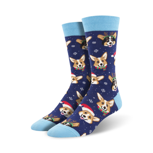 A pair of navy blue crew socks featuring the same Corgi design, but on a darker background.