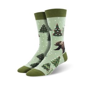 beary christmas christmas themed mens green novelty crew socks