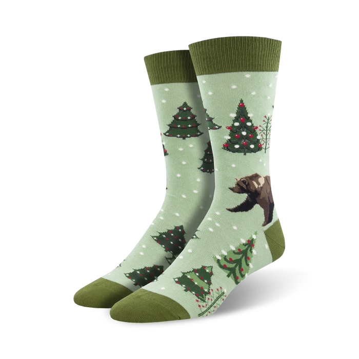 mens crew socks with christmas tree and bear design in green, brown, and red.  