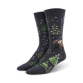Close-up of a pair of dark gray 'Beary Christmas' crew socks showcasing the design details.