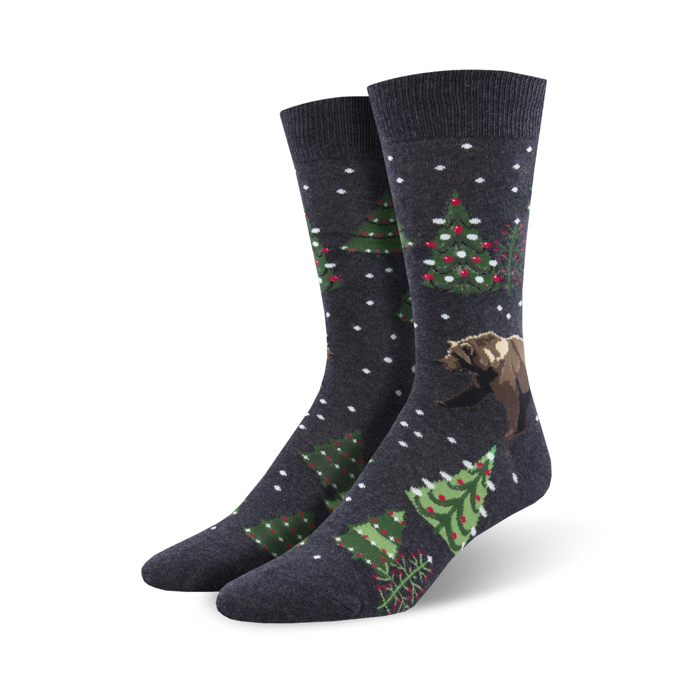 Close-up of a pair of dark gray 'Beary Christmas' crew socks showcasing the design details.