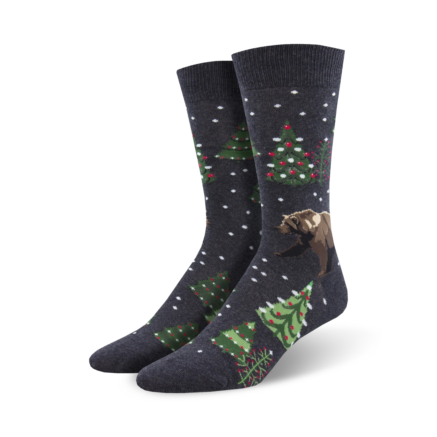 Close-up of a pair of dark gray 'Beary Christmas' crew socks showcasing the design details.