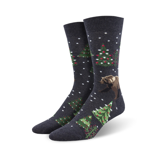 Close-up of a pair of dark gray 'Beary Christmas' crew socks showcasing the design details.