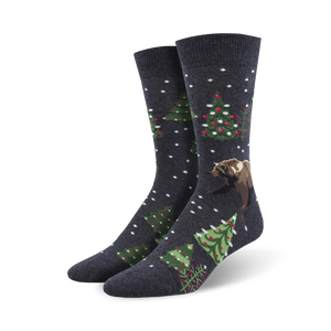  dark gray crew socks with a pattern of christmas trees, bears wearing santa hats, and white snowflakes. fun holiday wear for men.  