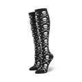 Pair of black knee-high socks with a repeating pattern of white skulls and crossbones.