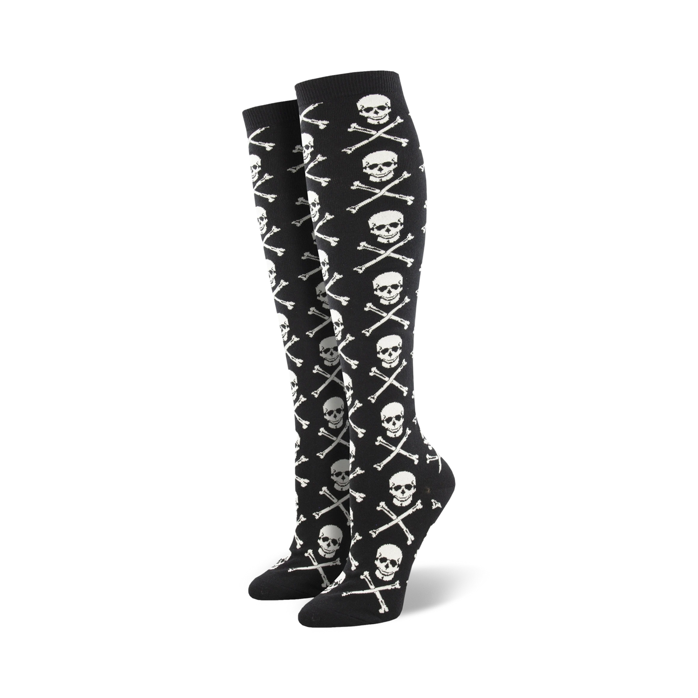 Pair of black knee-high socks with a repeating pattern of white skulls and crossbones.