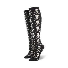 black knee high socks with white skulls and crossbones pattern, made for women. perfect for halloween.   