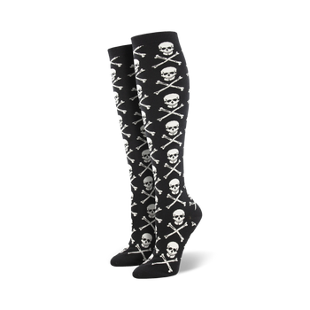 black knee high socks with white skulls and crossbones pattern, made for women. perfect for halloween.   