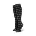 Pair of black knee-high socks with a repeating grey barbed wire pattern.  The socks have a dark grey cuff.