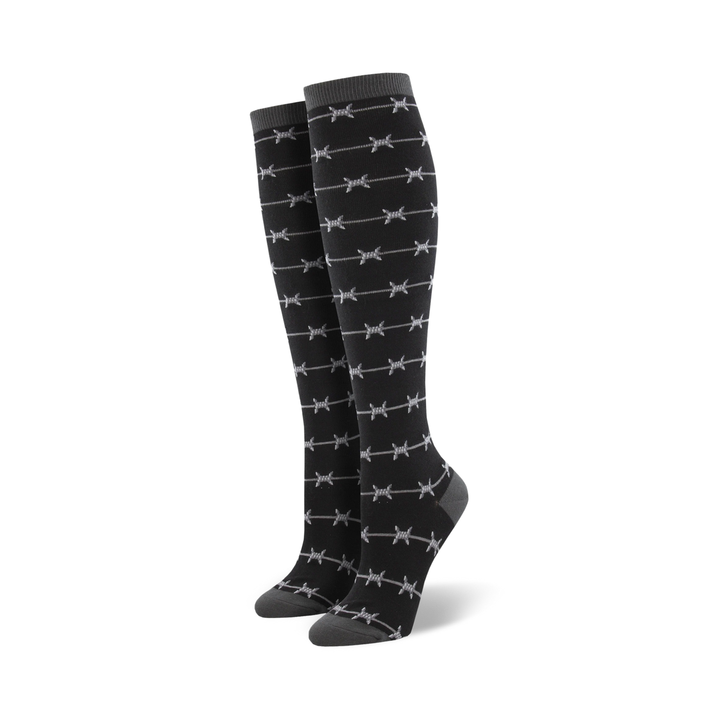 Pair of black knee-high socks with a repeating grey barbed wire pattern.  The socks have a dark grey cuff.