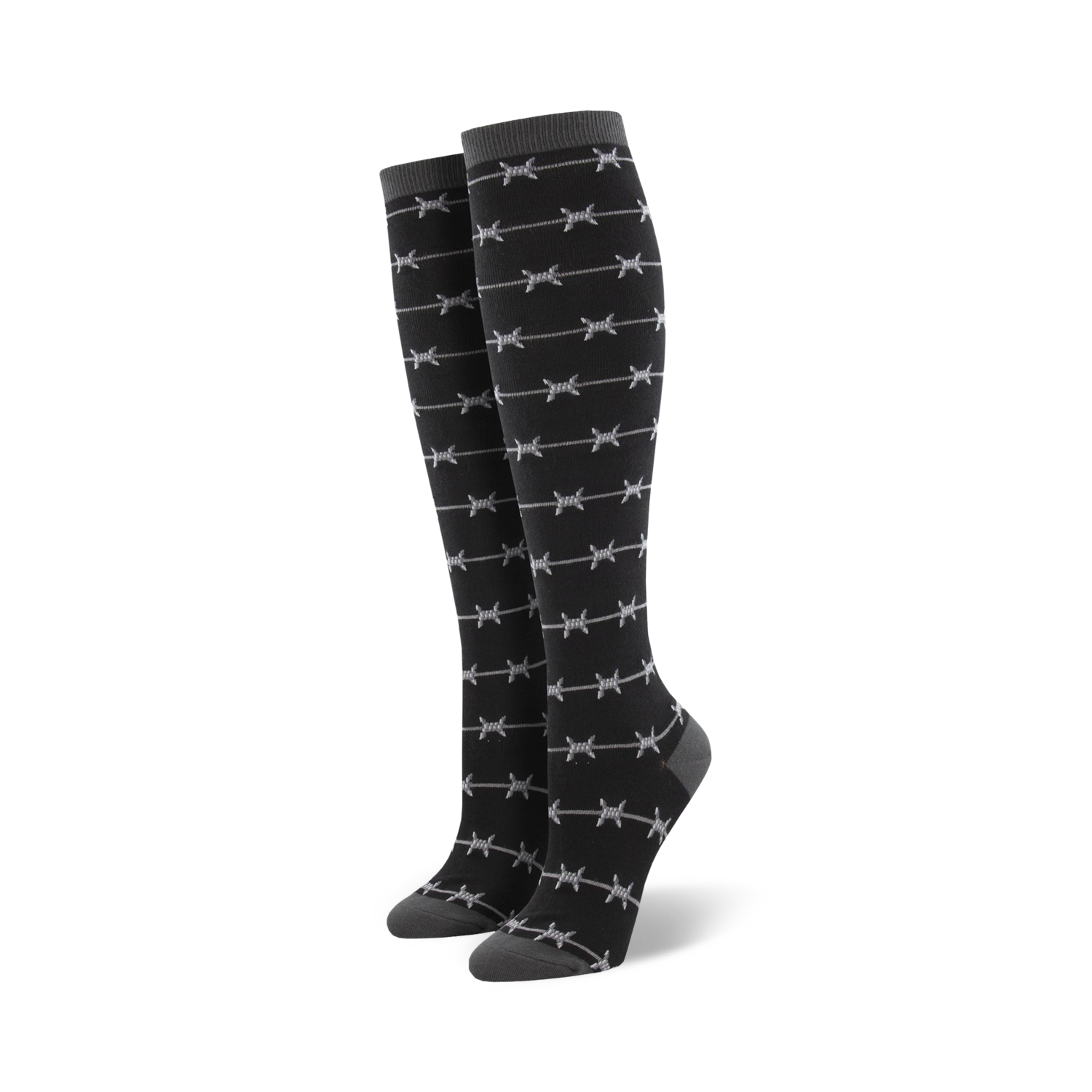 Pair of black knee-high socks with a repeating grey barbed wire pattern.  The socks have a dark grey cuff.