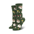 Pair of women's crew socks in green and burgundy.  Feature a whimsical pattern of hedgehogs and mushrooms.