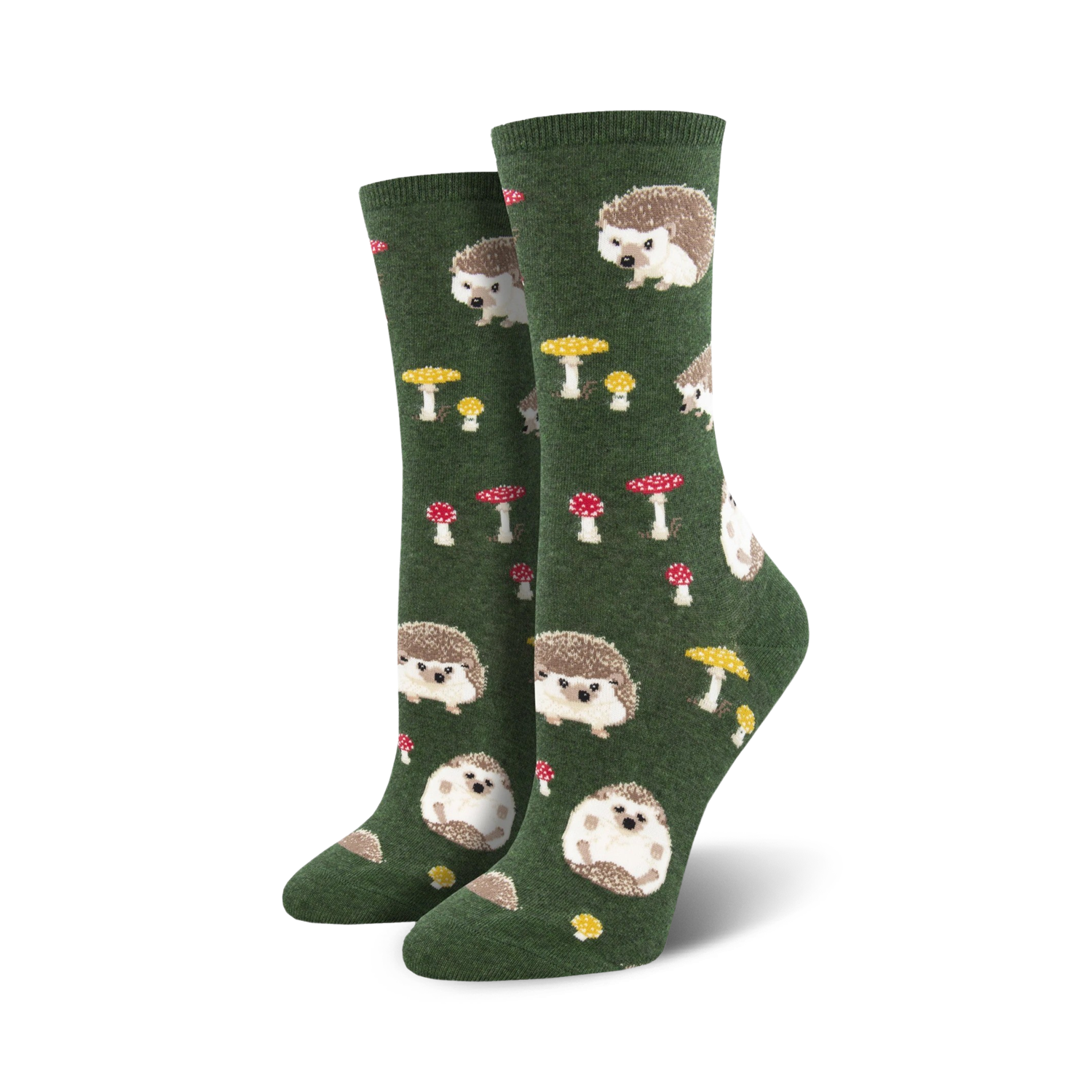 Pair of women's crew socks in green and burgundy.  Feature a whimsical pattern of hedgehogs and mushrooms.