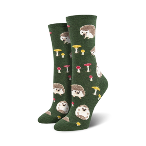 womens hedgehog and mushroom pattern crew socks in green.  
