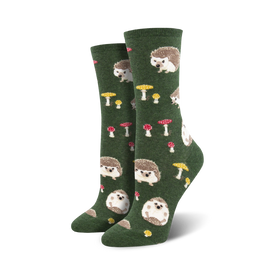 womens hedgehog and mushroom pattern crew socks in green.  