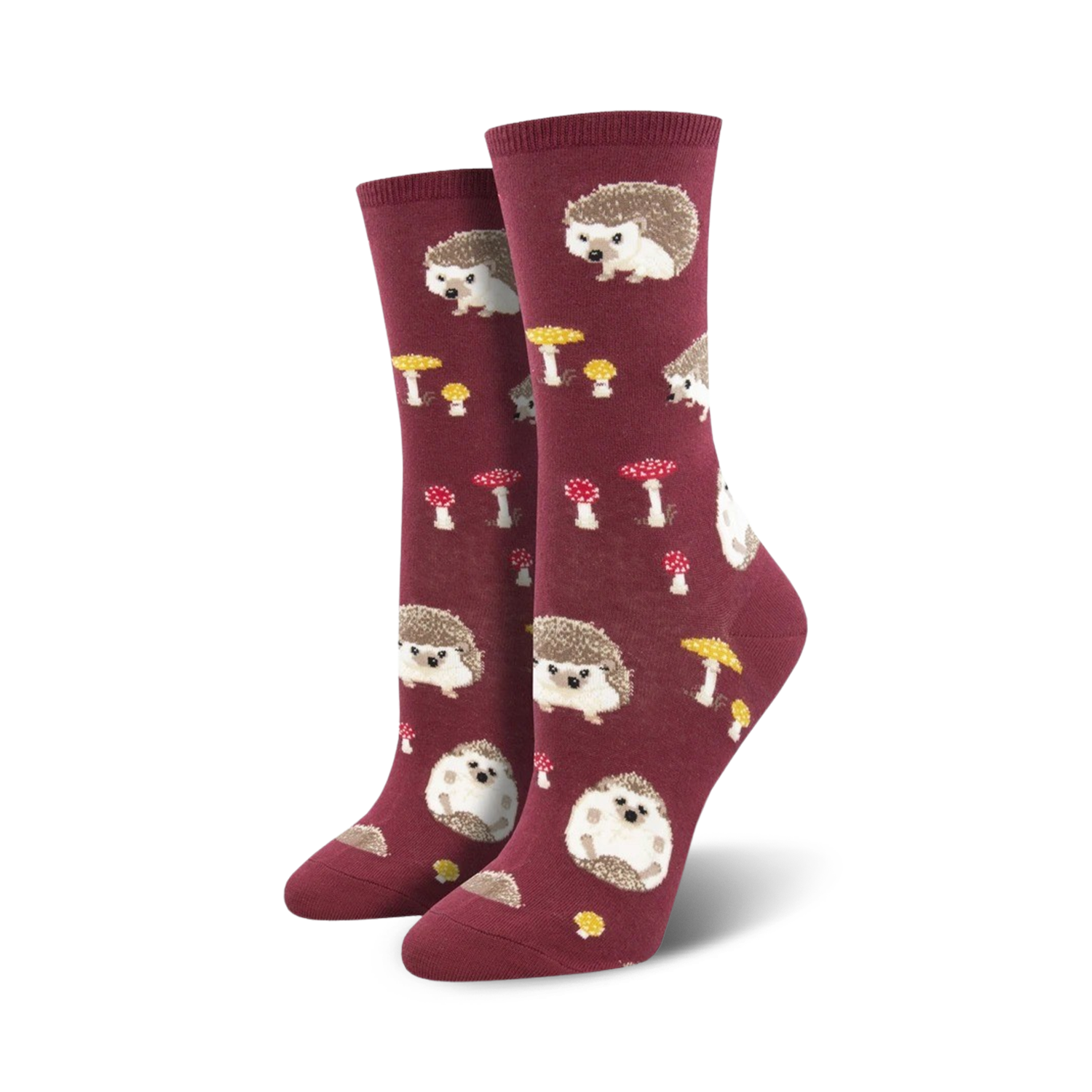 Lifestyle shot showing the burgundy Slow Poke socks on a model's feet.