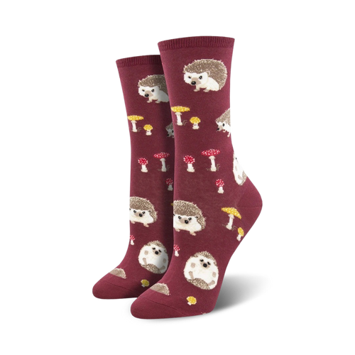 Lifestyle shot showing the burgundy Slow Poke socks on a model's feet.