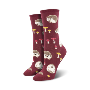 womens crew size dark red hedgehog & mushroom pattern socks - slow poke  