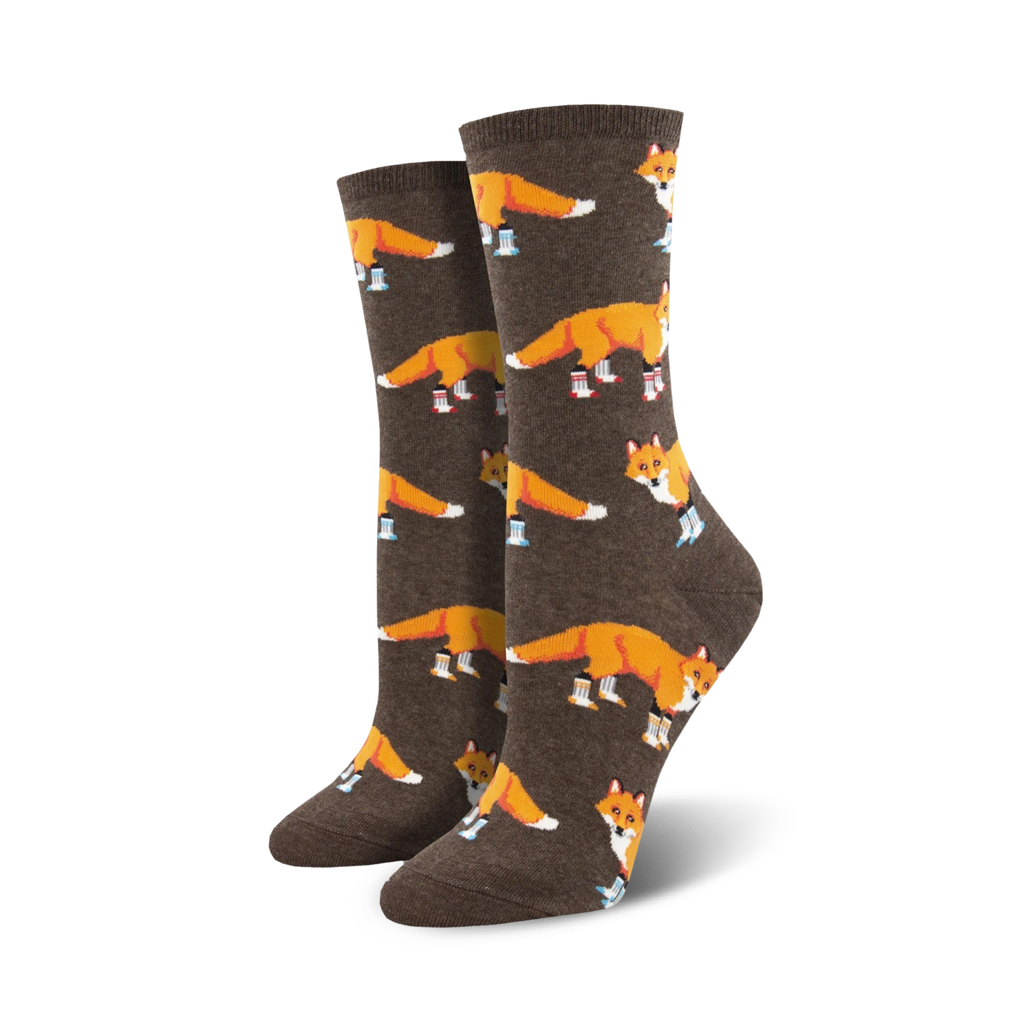Pair of women's crew socks. Brown background with orange foxes wearing blue boots.  Fun, whimsical design.