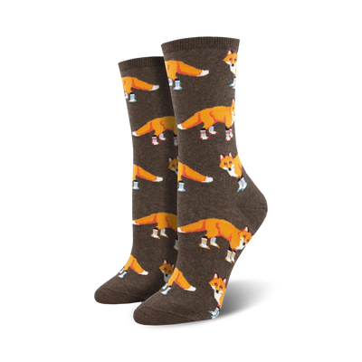 women's crew socks with a cartoon fox wearing blue and white sneakers pattern.  