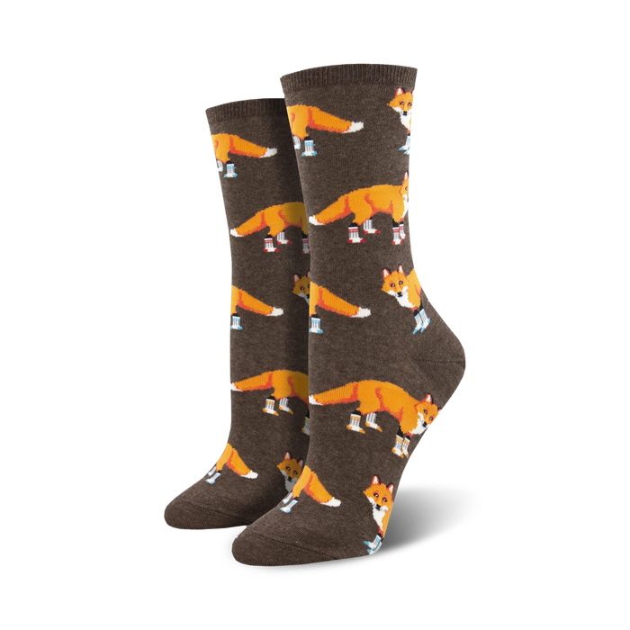 women's crew socks with a cartoon fox wearing blue and white sneakers pattern.  