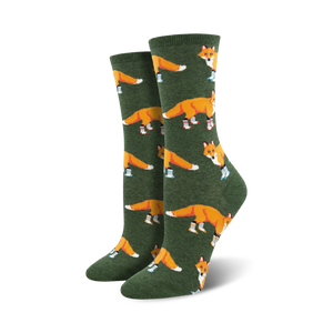  dark forest green crew socks for women with a pattern of cartoon foxes in blue socks.  