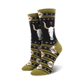 Pair of crew socks in olive green and black, featuring a longhorn skull design and southwestern-inspired patterns.