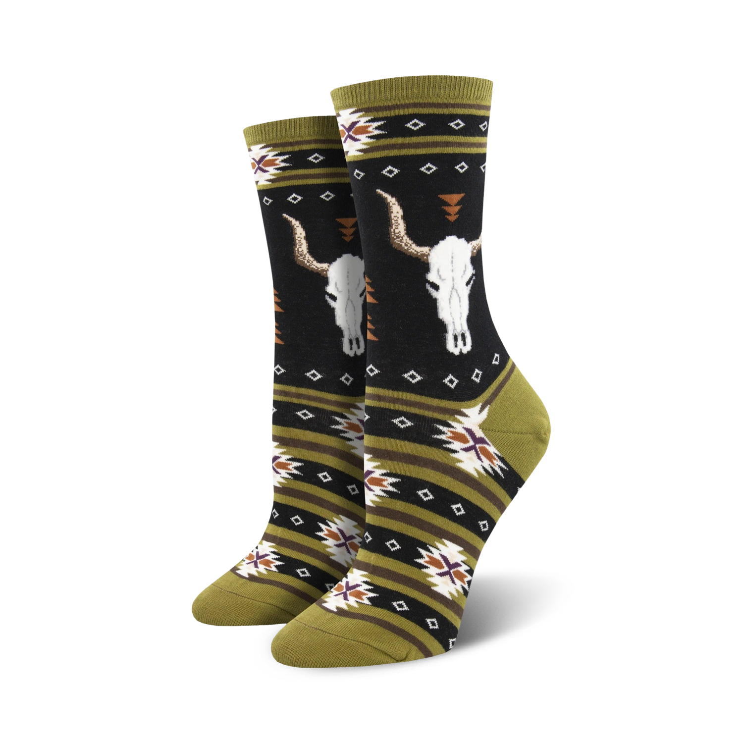 Pair of crew socks in olive green and black, featuring a longhorn skull design and southwestern-inspired patterns.