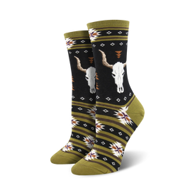 black, olive green, brown, and cream southwestern style crew length socks for women featuring steer skulls and geometric shapes.   
