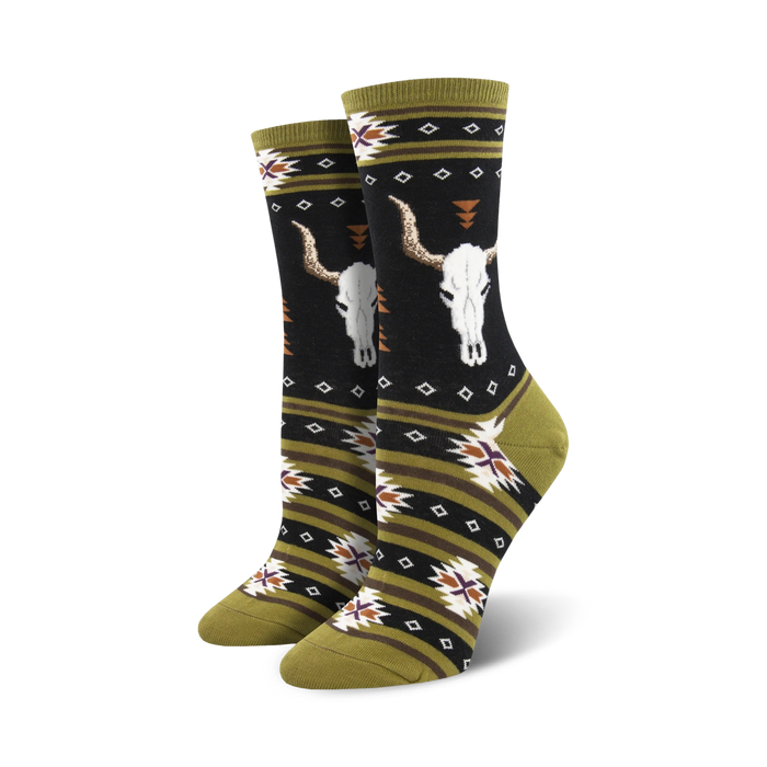 black, olive green, brown, and cream southwestern style crew length socks for women featuring steer skulls and geometric shapes.   