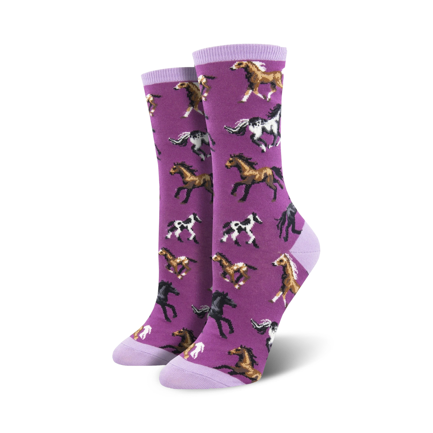 Pair of women's crew socks; purple and lime green options; playful design of multicolored horses running.