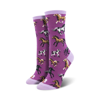 purple crew socks with cartoon horses running across them   