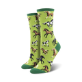 Lifestyle shot showing a model wearing the lime green horse socks.