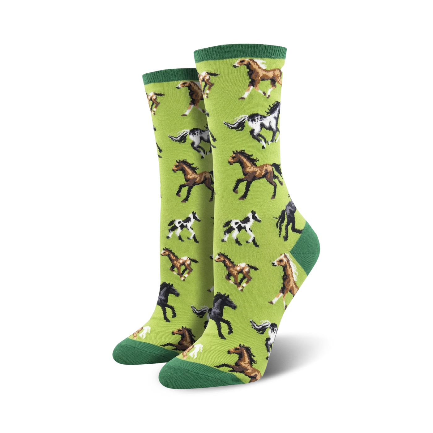 Lifestyle shot showing a model wearing the lime green horse socks.