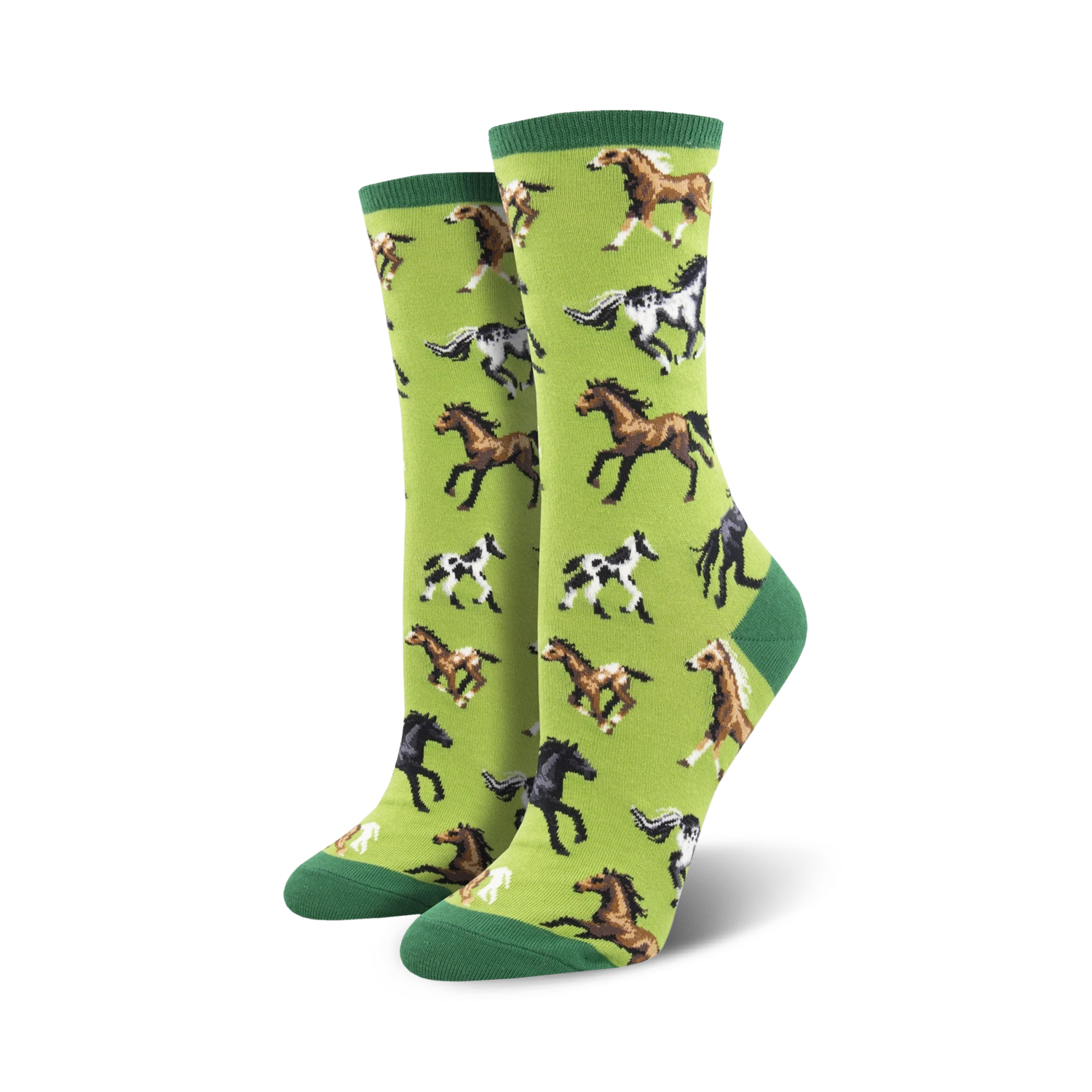 Lifestyle shot showing a model wearing the lime green horse socks.