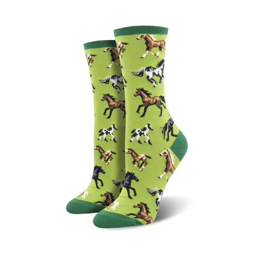 Lifestyle shot showing a model wearing the lime green horse socks.