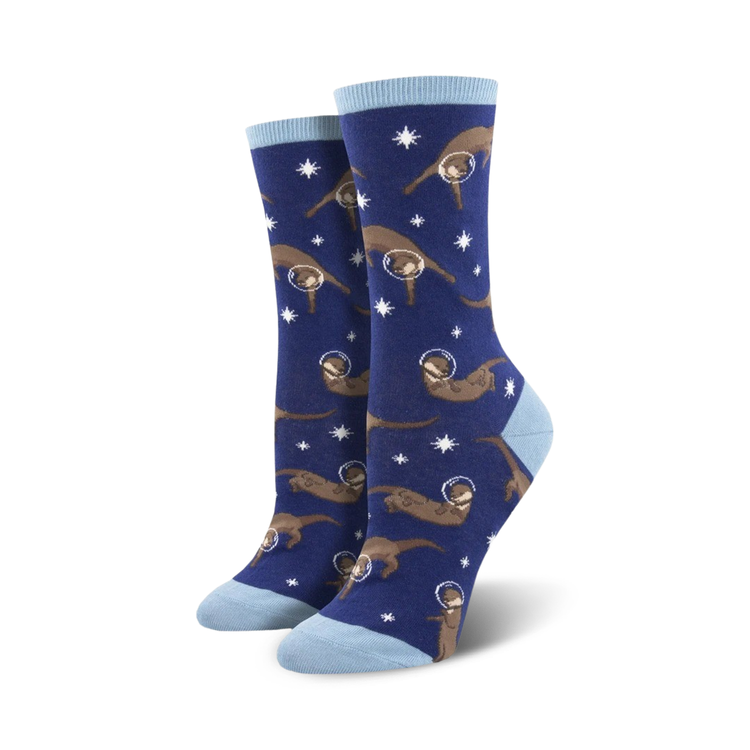 Pair of women's crew socks in navy blue and light blue, featuring a pattern of brown otters wearing astronaut helmets floating amongst white stars.