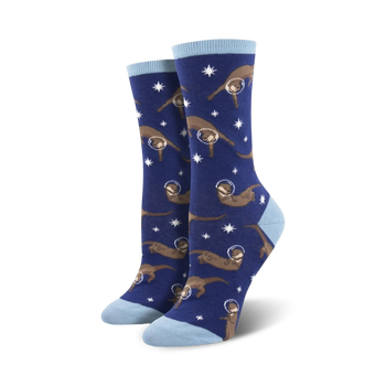 blue women's crew cut socks have a pattern of cartoon otters in space helmets.   