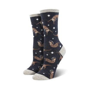 dark blue crew socks with pattern of otters wearing space helmets.  