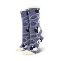 A pair of women's crew socks in purple featuring adorable husky faces and 'I love you' speech bubbles.