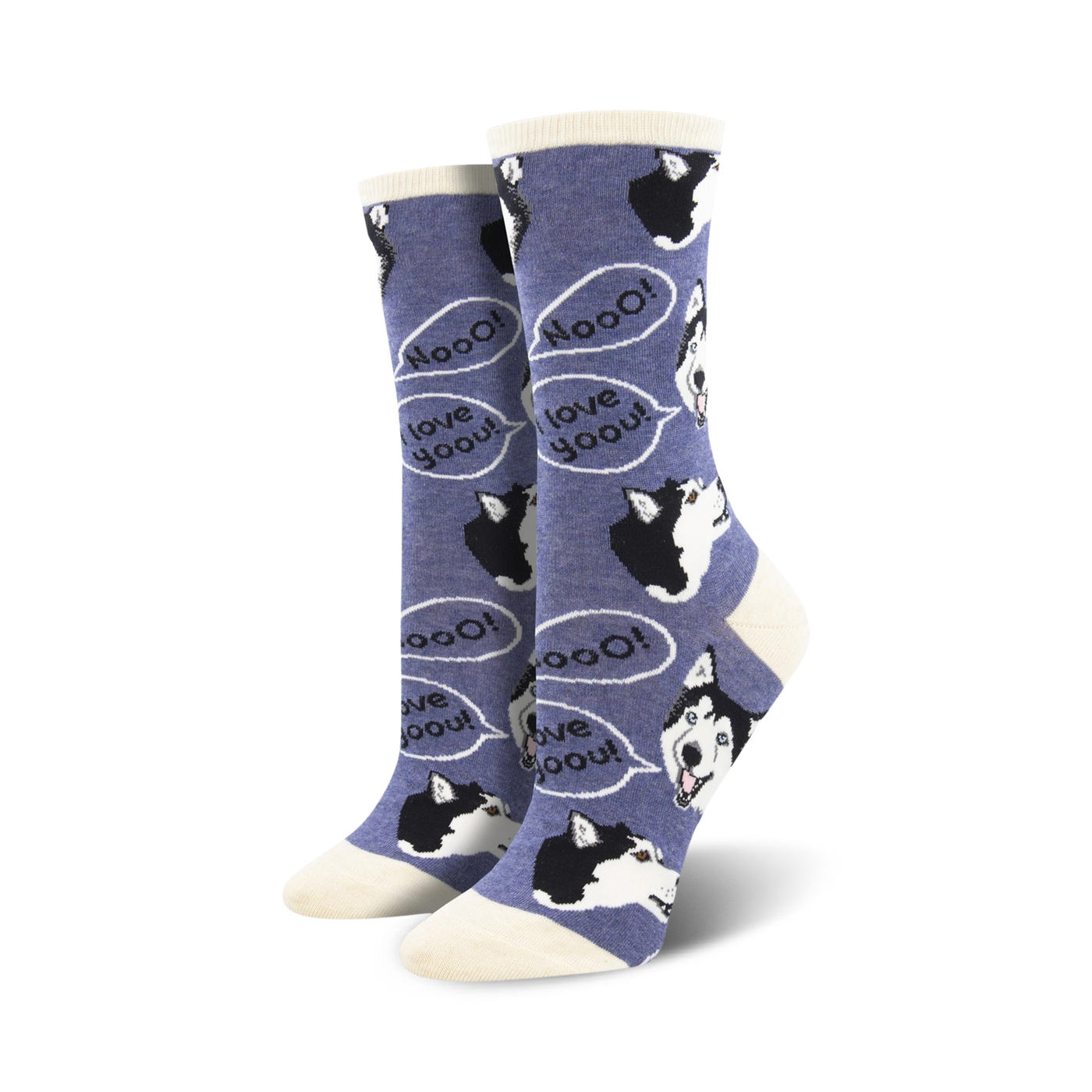 A pair of women's crew socks in purple featuring adorable husky faces and 'I love you' speech bubbles.