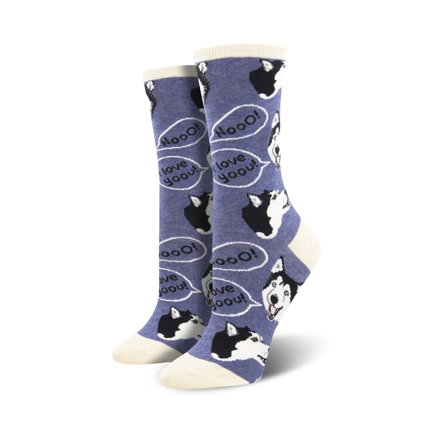 A pair of women's crew socks in purple featuring adorable husky faces and 'I love you' speech bubbles.
