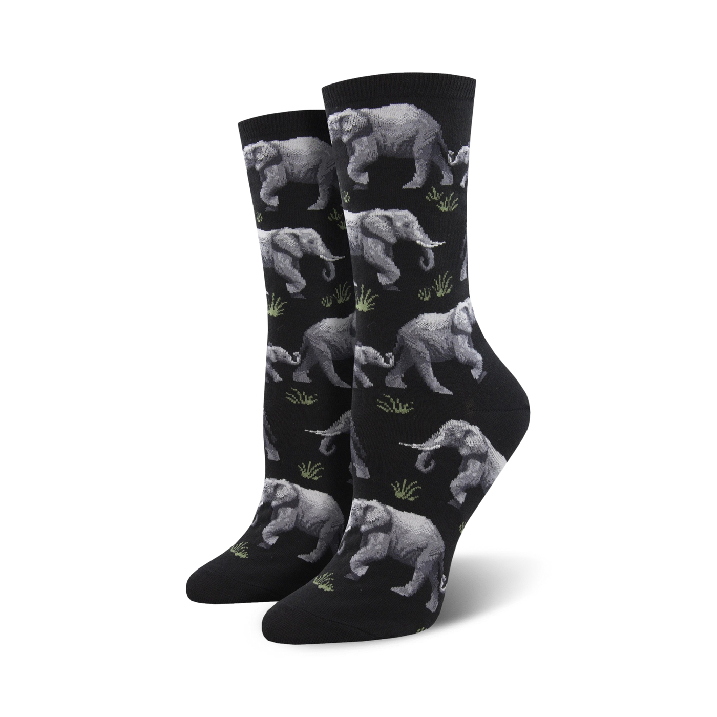 Pair of crew socks featuring a repeating pattern of gray elephants and green grass on a black background.
