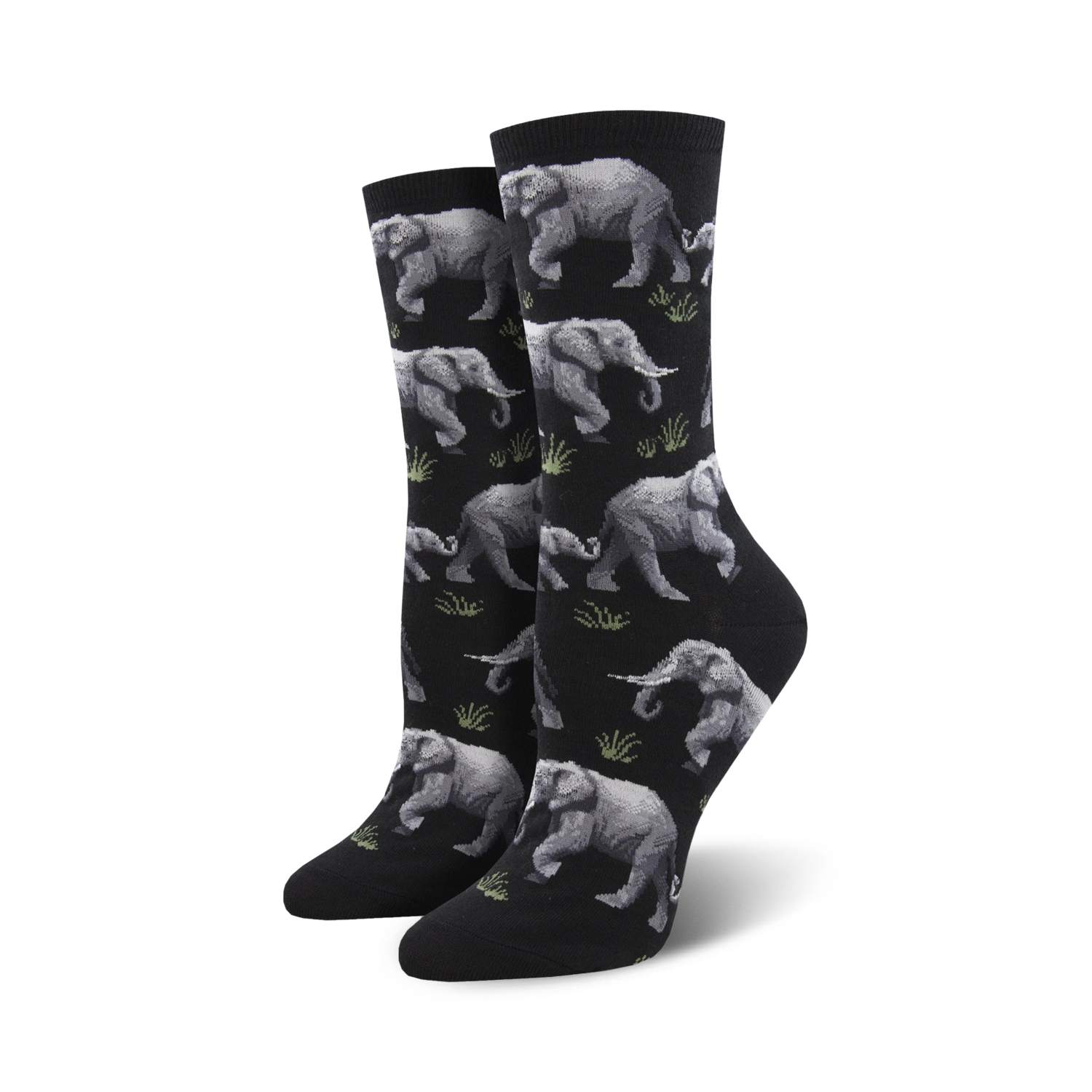 Pair of crew socks featuring a repeating pattern of gray elephants and green grass on a black background.