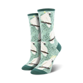 Pair of women's crew socks. Teal background with white cockatoos and green leaves.  Coral version also available.