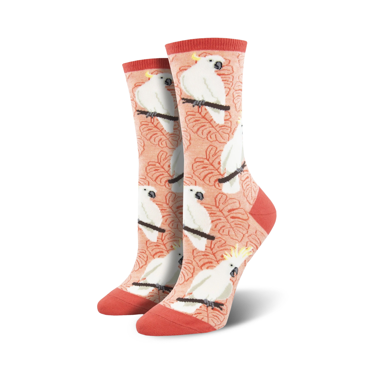 Lifestyle shot: A person's feet wearing the coral Cockatoo socks.