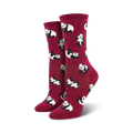 Pair of women's crew socks; burgundy background with a repeating pattern of playful pandas in black and white.