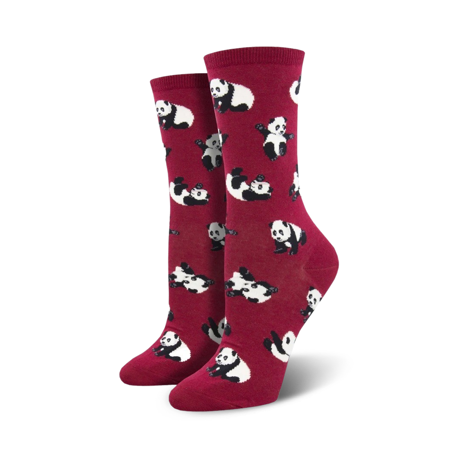 Pair of women's crew socks; burgundy background with a repeating pattern of playful pandas in black and white.