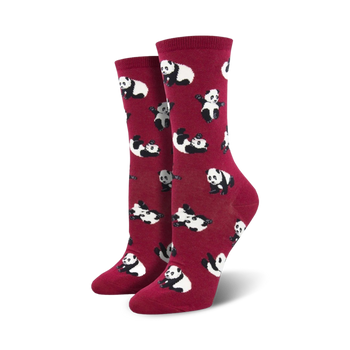 womens red crew length socks with allover cartoon panda print  