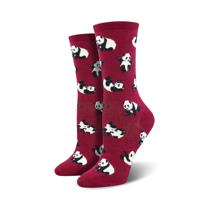 womens red crew length socks with allover cartoon panda print   }}